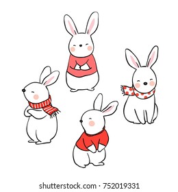 Draw vector illustration character design cute rabbit for decorate in Christmas.Day Doodle cartoon style.
