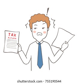 Draw vector illustration character design business man shocked from tax return in his hand.Doodle cartoon style.