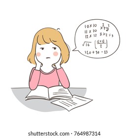 Draw vector illustration character design a girl confused practice of math.Doodle cartoon style.
