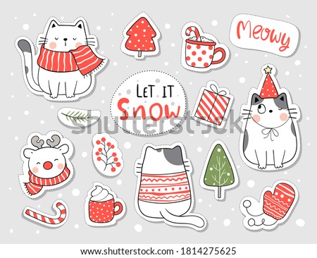 Draw vector illustration character design collection stickers cute cat and element for Christmas and New year.Doodle cartoon style.