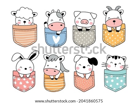 Draw vector illustration character design collection cute animal farm in pocket Doodle cartoon style
