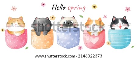 Draw vector illustration character design banner funny cat in pocket Spring concept Watercolor style