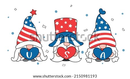 Draw vector illustration character design banner gnome holding USA heart for Independence day 4 th of July Doodle cartoon style