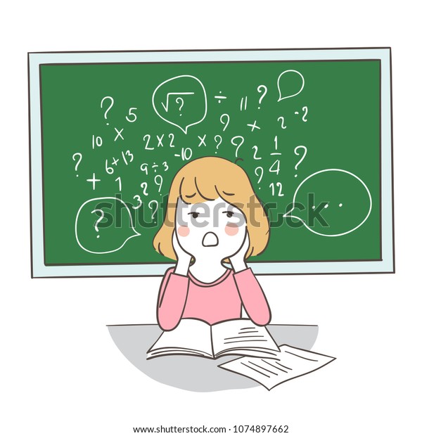 Draw vector illustration character design a girl\
confused about math on blackboard.Isolated on white color.Doodle\
cartoon style.