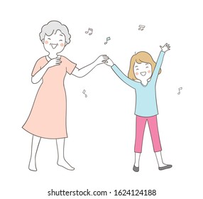 Draw vector illustration character elderly senior grandmother and a girl dancing together,Family concept.Doodle cartoon style.