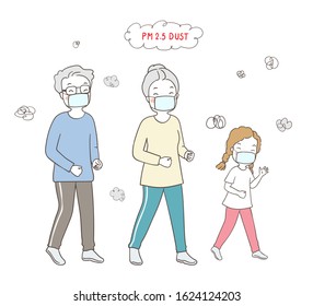 Draw vector illustration character elderly senior grandmother grandfather and a girl walking and wearing mask protect from PM2.5,Health care concept.Doodle cartoon style.