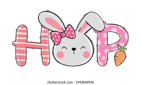 Draw vector illustration character face cute bunny for Easter Printable girl T shirt Cartoon style