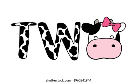 Draw vector illustration character face cow for two birthday Kids shirt for cutting file Cartoon style