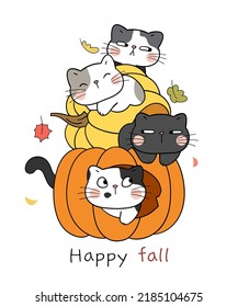 Draw vector illustration character funny cats in pumpkin For autumn Fall concept Doodle cartoon style