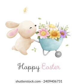 Draw vector illustration character funny bunny with Flower For Easter Spring Invitation card Poster Template Watercolor style