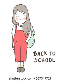 Draw vector illustration character a girl ready back to school.Doodle style.