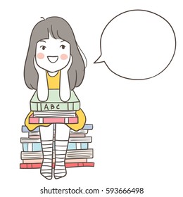 Draw vector illustration character a girl say some ting and speech bubble book back to school .