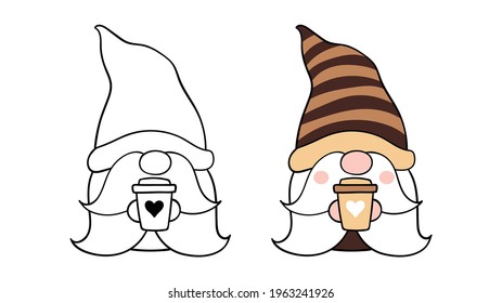 Draw vector illustration character gnome with coffee Printable shirt for cutting file Cartoon style