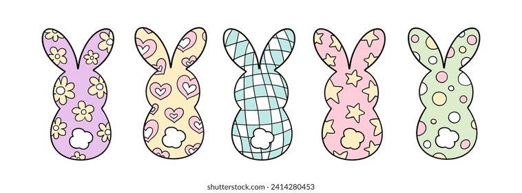 Draw vector illustration character groovy marshmallow bunny Sweet candy Retro Easter Spring Doodle cartoon style