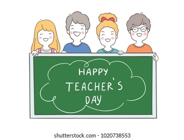 Draw vector illustration character of happy student hold blackboard write happy teacher day.Doodle cartoon style.