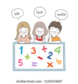 Draw vector illustration character of happy student standing behind board and saying we love math.Doodle cartoon style.