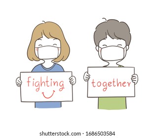 Zeichnen Sie Vektorillustration Illustration Charakter glückliche Junge und Mädchen, die Board zu halten, schreiben Sie Kämpfe zusammen aus Coronavirus.COVID-19.Healthcare concept.Doodle Cartoon Stil.