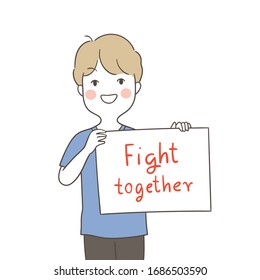 Draw vector illustration character happy boy holding board write fighting together.Doodle cartoon style.