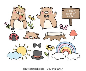 Draw vector illustration character happy groundhog day set February to greet spring Doodle cartoon style