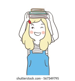 Draw vector illustration character a happy girl and book back to school.Doodle style.
