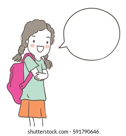 Draw vector illustration character a happy girl speaking and speech bubble book back to school.