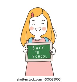 Draw vector illustration character a happy girl and word back to school on board.