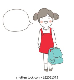 Draw vector illustration character happy girls ready to back to school and speech bubble.
