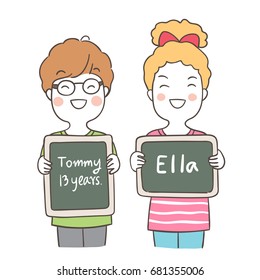 Draw vector illustration character a happy girl and boy write name first day on board at school.Doodle style.