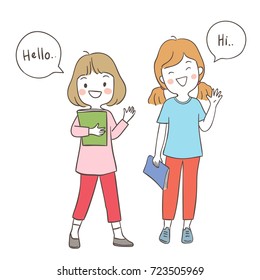 Draw vector illustration character happy girls holding book and greeting say Hi Hello in speech bubble.Doodle cartoon style.