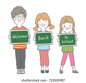 Draw vector illustration character happy boy and girls holding a board and write write back to school.Doodle cartoon style.