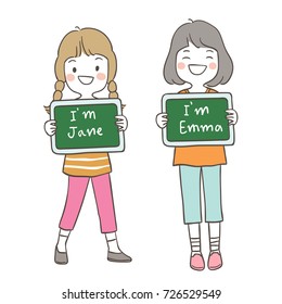Draw vector illustration character a happy girls holding a board and write name for introduce.Doodle cartoon style.