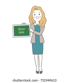 Draw vector illustration character happy teacher holding blackboard blank space for write your text.Doodle cartoon style.