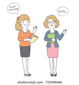 Draw vector illustration character happy teacher greeting say Hi Hello in speech bubble.Doodle cartoon style.