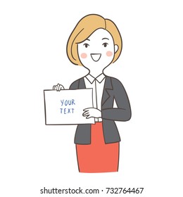 Draw vector illustration character happy business woman holding paper blank space for write your text.Doodle cartoon style.