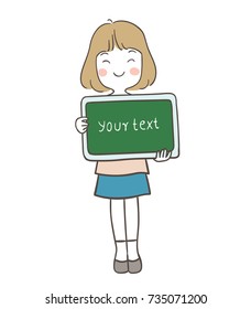 Draw vector illustration character a happy girl holding a board blank space for your text.Doodle cartoon style.