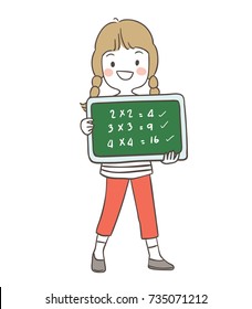 Draw vector illustration character a happy girl holding a board write the answer of math.Doodle cartoon style.