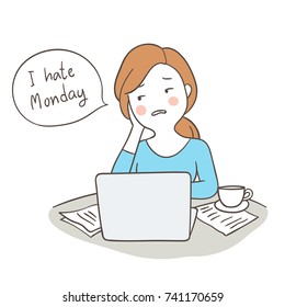 Draw vector illustration character happy business woman saying I hate Monday in speech bubble.Doodle cartoon style.