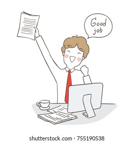 Draw vector illustration character happy business man saying good job in speech bubble.Doodle cartoon style.