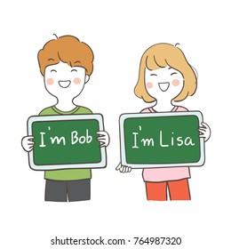 Draw vector illustration character a happy girl and boy write name first day on board at school.Doodle cartoon style.