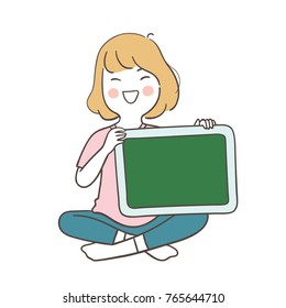 Draw vector illustration character happy girl sitting and holding blackboard blank space for write text.Doodle cartoon style.
