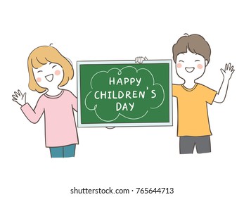 Draw vector illustration character happy boy and girl holding blackboard write Happy children'day.Doodle cartoon style.