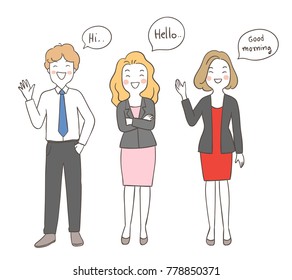 Draw vector illustration character happy business man and woman greeting say Hi Hello in speech bubble.Doodle cartoon style.