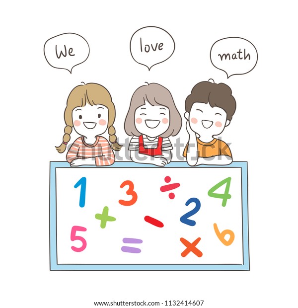 Draw\
vector illustration character of happy student standing behind\
board and saying we love math.Doodle cartoon\
style.