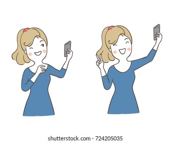 Draw vector illustration character lady wear blue dress holding phone and taking a selfie so cute and happy.Doodle cartoon style.