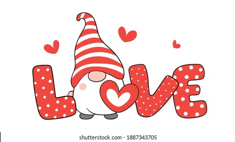 Draw vector illustration character love gnomes with red heart for Valentine day.Cartoon style.