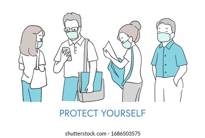 Draw vector illustration character people man and woman wearing mask protection from Coronavirus.COVID-19.Healthcare concept.Doodle cartoon style.