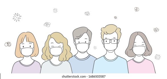 Draw vector illustration character people man and woman wearing mask protection from Coronavirus.COVID.19.Doodle cartoon style.