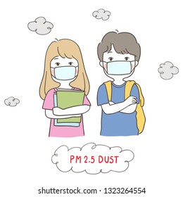 Draw vector illustration character student boy and girl wearing mask protect from PM2.5 dust when go to school,Health care concept.Doodle cartoon style.