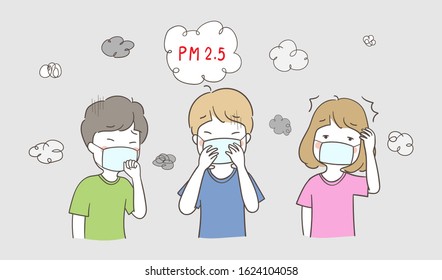Draw vector illustration character student boy and girl suffering from PM2.5 and wearing mask to protect when go to school,Health care concept.Doodle cartoon style.