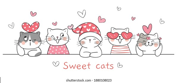 Draw vector illustration character sweet cats with little heart for valentine day.Cartoon style.